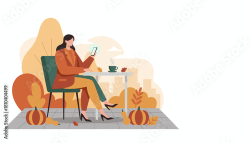 Autumn lifestyle scene Woman on break using phone and drinking coffee outdoors