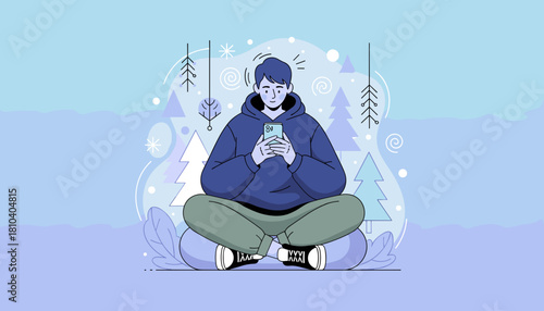 Young man uses phone sitting comfortably in a stylized natural environment Technology and digital life