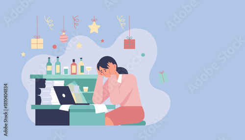 Overworked woman stressed by deadlines during holiday party season Work exhaustion illustration