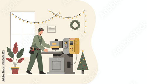 Industrial worker operates machinery in a festive workshop decorated for Christmas