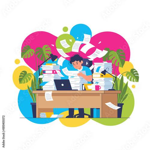 Stressed employee overwhelmed by massive paperwork piles and deadline pressure Burnout concept