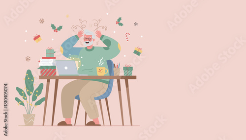 Overwhelmed senior working on holiday tasks with gifts and laptop