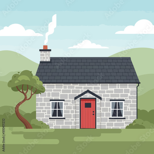 Charming Country Cottage with Smoke Coming Out of the Chimney Illustration