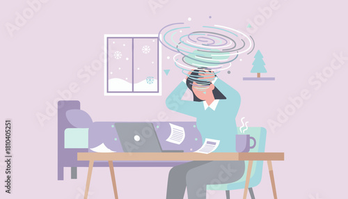 Overwhelmed remote worker with spinning head experiencing stress burnout and mental pressure