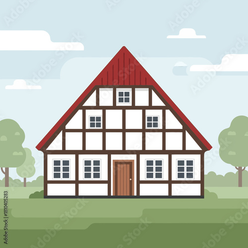 Charming half-timbered house on a grassy landscape vector illustration