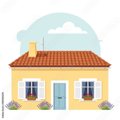 Charming mediterranean house illustration with floral details and cloudscape