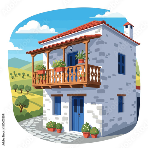 Charming Mediterranean Villa on a Hillside with Vibrant Blue Doors and Balconies