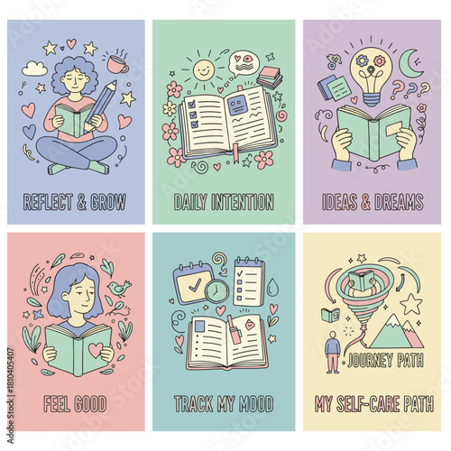 Selfcare and personal growth concept set journaling daily intention reflection mood tracking and dreams