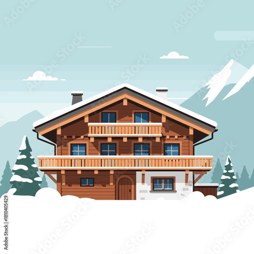 Charming Winter Alpine Chalet Illustration amidst Snowy Mountain Landscape
