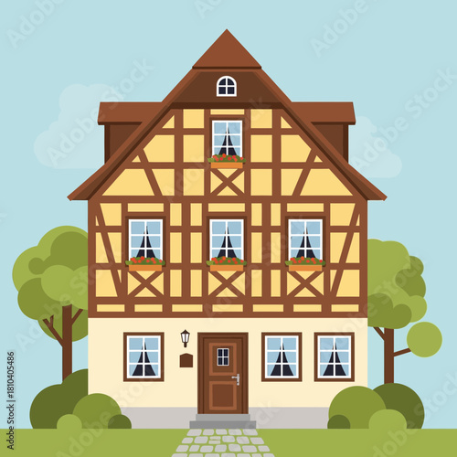 Detailed timber framed house illustration with garden in flat design style