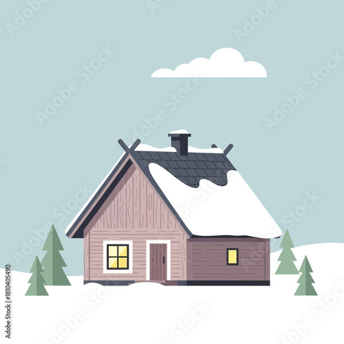 Cozy Winter Cabin Illustration Under a Cloudy Sky Amidst Snowy Pine Trees