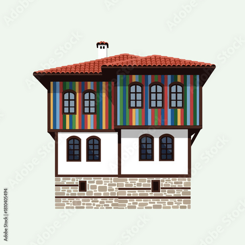 Detailed illustration showcasing traditional Bulgarian house architecture