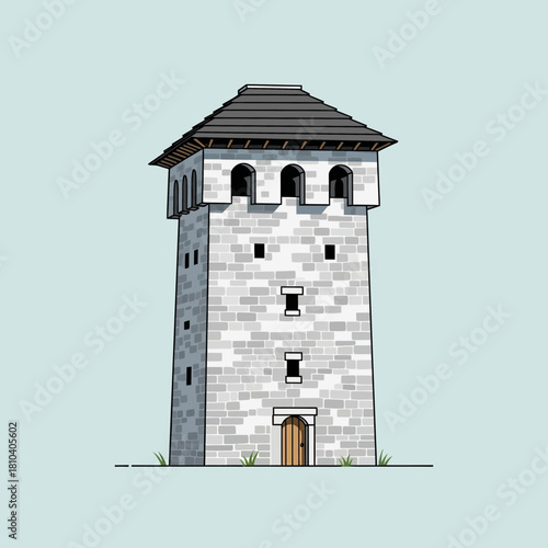 Illustration of a medieval tower with stone construction and arch windows