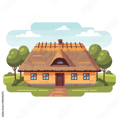 Rural thatched roof cottage with garden landscape vector illustration