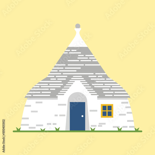 Stylized illustration of a traditional trullo house against a pale yellow backdrop