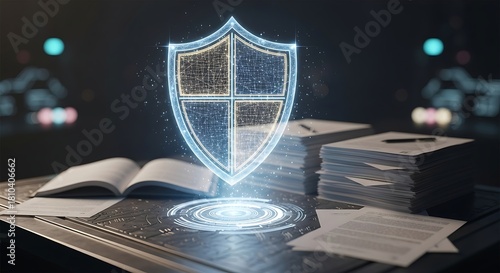 Glowing Blue Shield Hologram Protecting Open Book and Stacked Papers