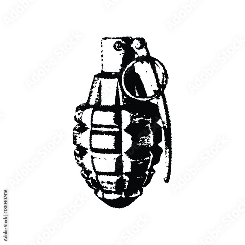 Black and white vintage retro style illustration of a classic hand grenade, vector grunge texture