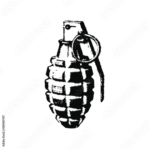 Black and white vintage retro style illustration of a classic hand grenade, vector grunge texture
