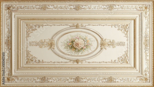 Ornate ceiling design with intricate golden trim and floral motif.