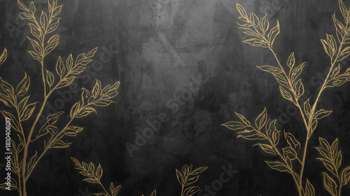 botanical wallpaper with a dark charcoal background, adorned with soft golden leaf silhouettes that exude elegant luxury