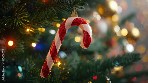 candy cane hanging from a lush green Christmas tree branch
