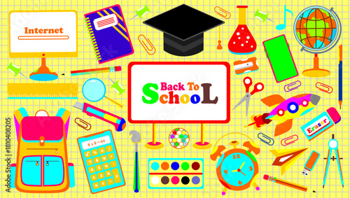 School themed set elements. School stationery stickers. Set of education icons. Collection of education school icons. Back to school clipart. Student supplies colorful icons set for banner.