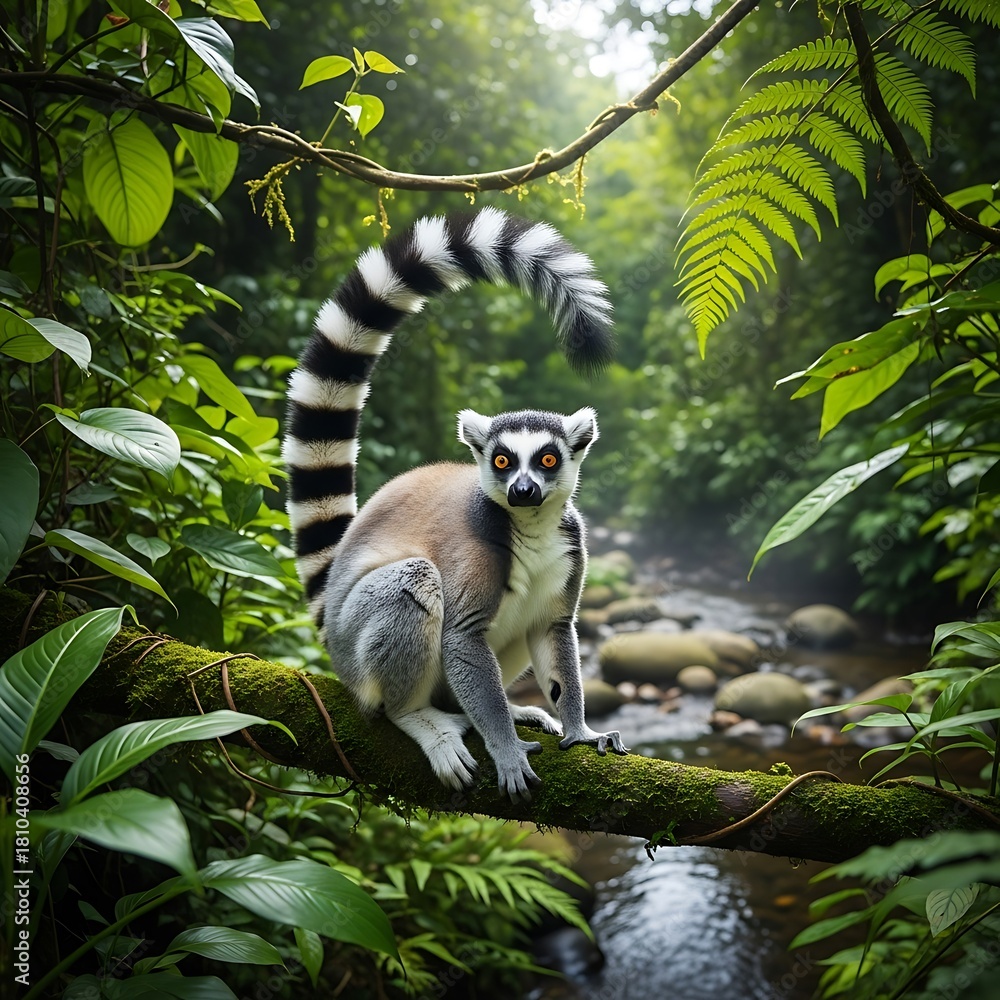 Obraz premium Ring-tailed lemur perched on a branch in a lush rainforest.