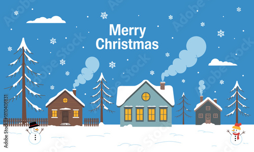 A picturesque winter scene featuring charming houses dusted with snow, snowmen, and pine trees under a serene blue sky, evoking the warmth of Christmas and holiday cheer.