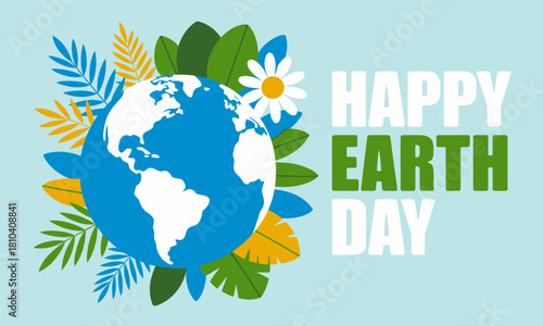 This cheerful illustration celebrates Earth Day with a vibrant globe surrounded by lush foliage and flowers, promoting appreciation for our planet and environmental awareness enthusiastically.