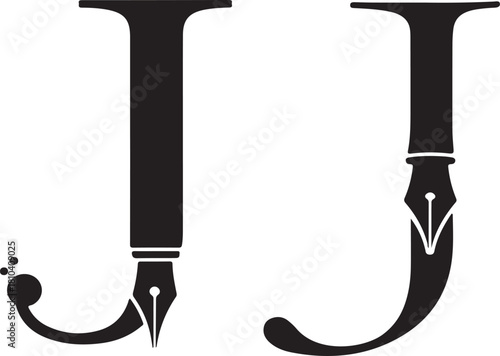 Two Black Letter J Designs with Fountain Pen Nib and Ink Drops alphabet typography