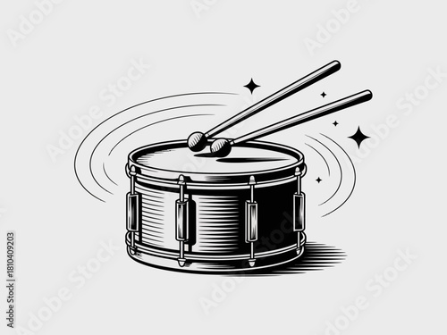 A classic snare drum is featured with two drumsticks poised above, showcasing a dynamic design ideal for music lovers and those who appreciate rhythmic expression.
