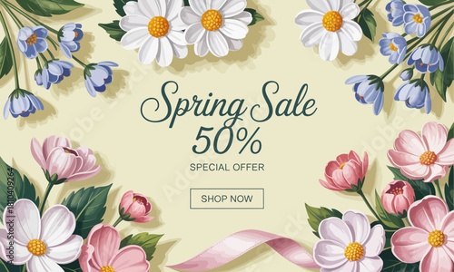 A beautiful promotional image for a spring sale featuring delicate flowers and a feminine touch, perfect for advertising seasonal offers in fashion and retail.
