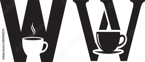 Black Letter W With Coffee Cup Icon And Letter W With Coffee Cup Icon alphabet