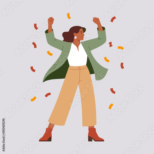 A joyful woman celebrates her achievements with confetti surrounding her, representing triumph, empowerment, and confidence in a professional setting.