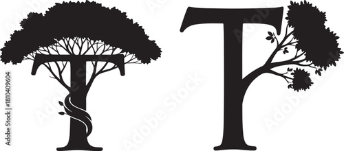 Silhouette of letter T as a tree on white background alphabet trees