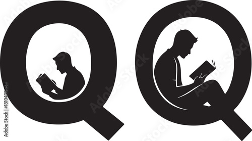 Silhouette of two people reading books inside letter Q on white background alphabet