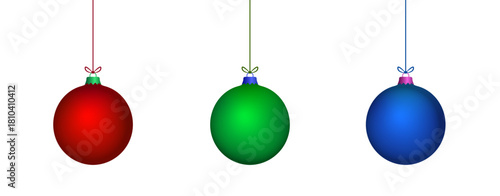 Christmas 3d blue, green, red hanging balls set vector illustration. Merry christmas baubles collection to use for christmas card, greetings, xmas, winter holiday, new year projects. 