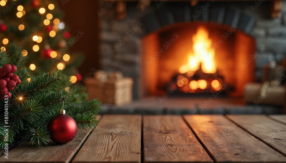 Fototapeta premium Empty wooden table before warm fireplace and decorated Christmas tree. Cozy winter holiday scene with gifts in background. Festive mood, perfect for seasonal ads.