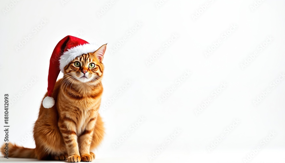 Obraz premium Orange tabby cat wears a red Santa hat with white trim. The domestic pet sits on a white background, looking attentively towards the camera, ready for holiday celebrations.