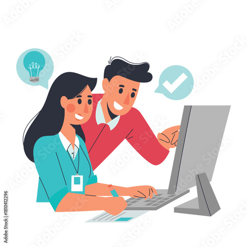 Illustration of Coworkers Collaborating at Computer