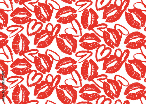 Red lips and hearts seamless pattern. Romantic vector design for Valentine’s Day, love themes, packaging, textiles, wallpapers, and decorative backgrounds.