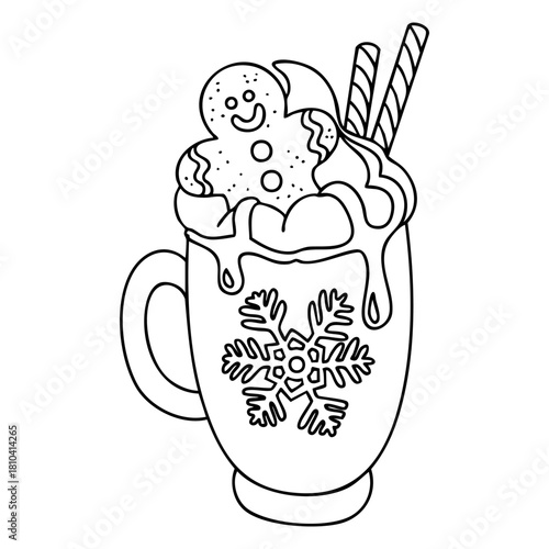 Christmas mug with gingerbread cookie and whipped cream in outline style. Hand drawn vector outline isolated illustration. 