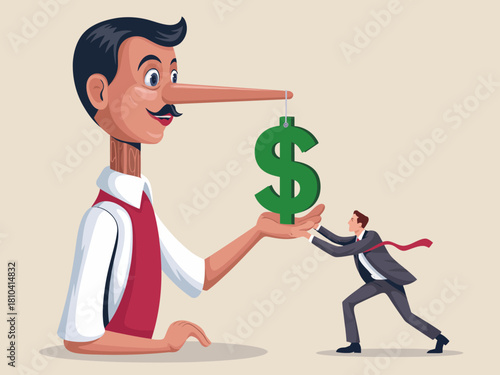 A whimsical illustration depicting a character with an exaggerated nose, symbolizing dishonesty while interacting with another figure related to money, conveying moral lessons.