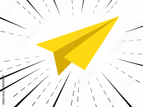 A vibrant yellow paper plane soars on a white background, symbolizing speed, freedom, and the excitement of new journeys in a minimalist design.
