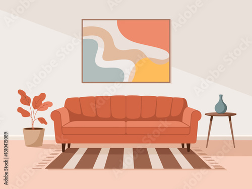 A stylish and cozy living room featuring an orange sofa, vibrant decor, and a minimalist painting that creates an inviting and warm atmosphere for relaxation and gatherings.