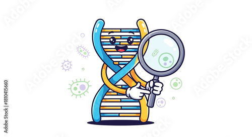 Vector SVG Design of Cartoon DNA Strand with Magnifying Glass and Microbes Funny Science Illustration