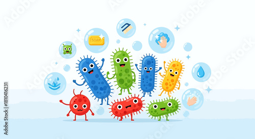Cartoon Microbe Vector SVG Design with Hygiene Icons in Flat Style Colorful Illustration