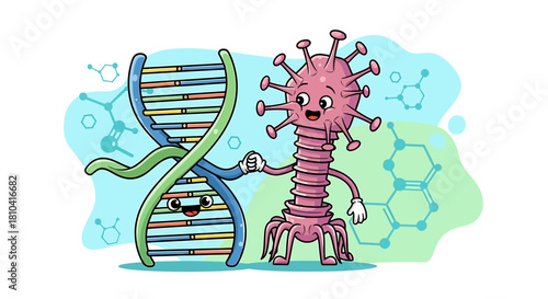 Vector SVG Illustration of Cartoon DNA Molecule and Virus Bacteriophage shaking hands in Cute Kawaii Style