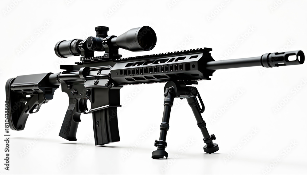 Fototapeta premium Modern black assault rifle with optic scope and bipod isolated on a white background. Army sniper weapon for tactical military operations. Special forces automatic firearm for war conflict concept.