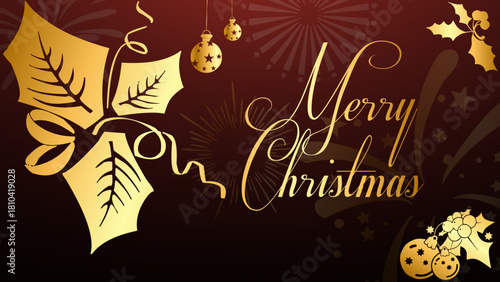 Luxurious dark maroon Christmas background featuring elegant golden script 'Merry Christmas' and scattered ornamental stars, perfect for exclusive holiday greetings and festive seasonal promotions